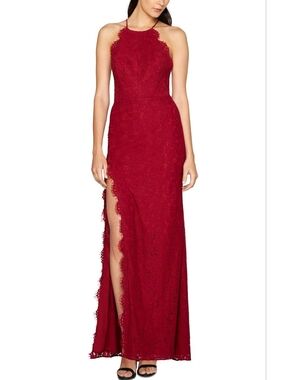 Fame and Partners Crimson Lace Halter Gown with Side Slit
